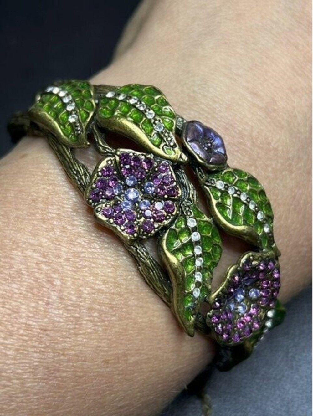 B5907 Sweet Romance Hinged Cuff Bracelet Floral Vine Green Enamel Purple 7.25"
